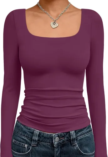 Vista 37 de Trendy Queen - Camisas ombligueras para mujer, manga larga, cuello cuadrado, básicas, para salir, de invierno, Y2K Albaricoque