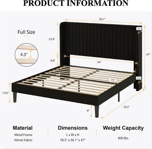 Vista 2 de SHA CERLIN Base de cama de terciopelo de tamaño matrimonial con cabecera capitoné de canal vertical, plataforma tapizada con listones de madera,