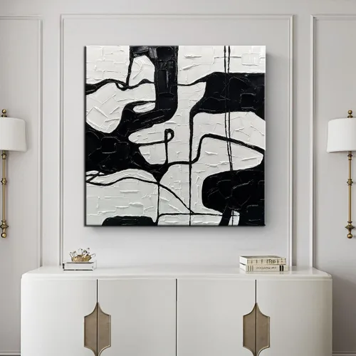 Vista 3 de YaSheng Art - Lienzo decorativo para pared en blanco y negro, pintado a mano con textura gruesa 3D, arte abstracto, pintura al óleo para sala
