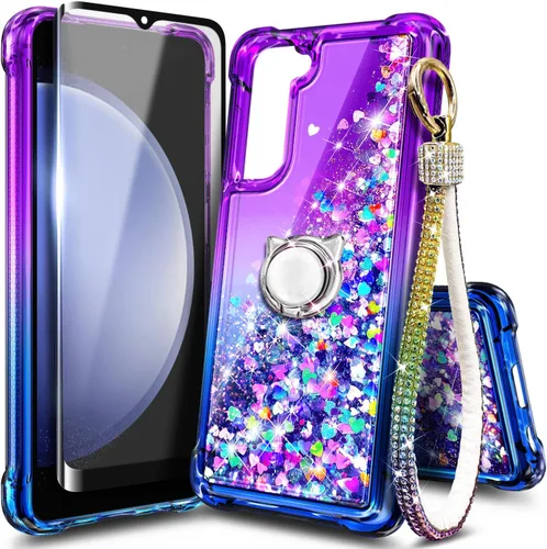 Vista 24 de Funda compatible con Samsung Galaxy S24-FE Aqua/Purple Funda líquida flotante con purpurina linda con protector de pantalla de vidrio templado