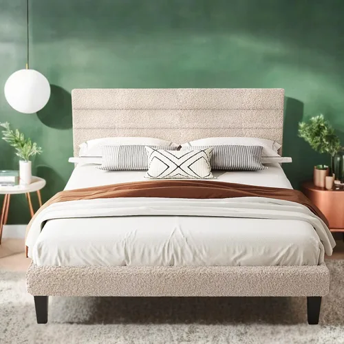 Vista 14 de VINGLI Base de cama individual para niños, cama de plataforma tapizada Boucle con cabecera ajustable, soporte de listones de madera resistente, cama