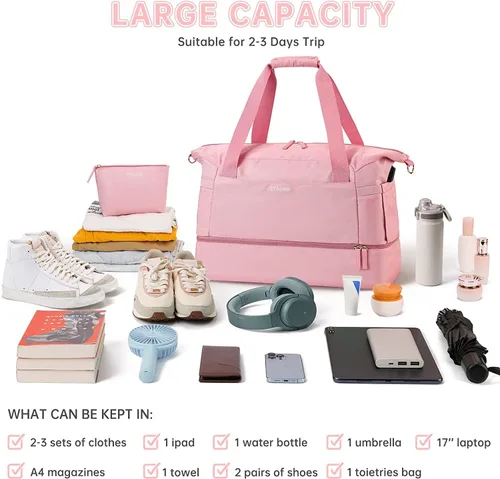 Vista 2 de Bolsa de lona de gimnasio para mujer, Rosado, Bolsa de gimnasio con puerto de carga USB