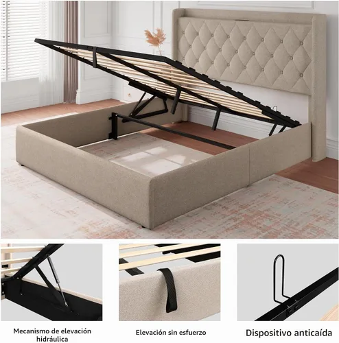 Vista 5 de iPormis Base de cama de almacenamiento elevable de tamaño completo con estación de carga, base de cama de plataforma tapizada con cabecera capitoné
