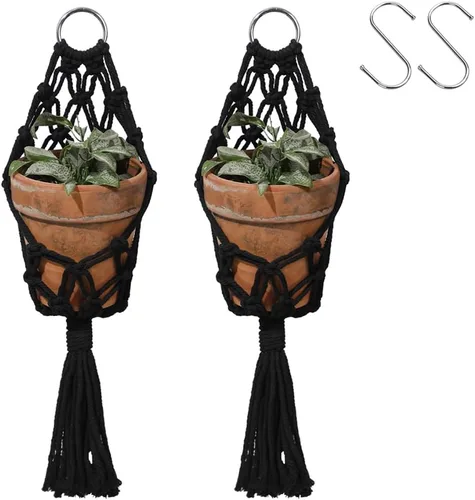 Vista 21 de Artilady Maceta Colgante Negra para Plantas de Interior Colgador de Plantas de Macramé Soporte Colgante Grande para Plantas con Cuentas Ajustables