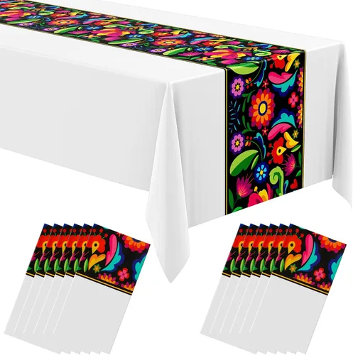 Vista 10 de Oudain 3 piezas de mantel de fiesta de 108 x 54 pulgadas, mantel de plástico mexicano impermeable, mantel desechable para noche de tacos, fiesta