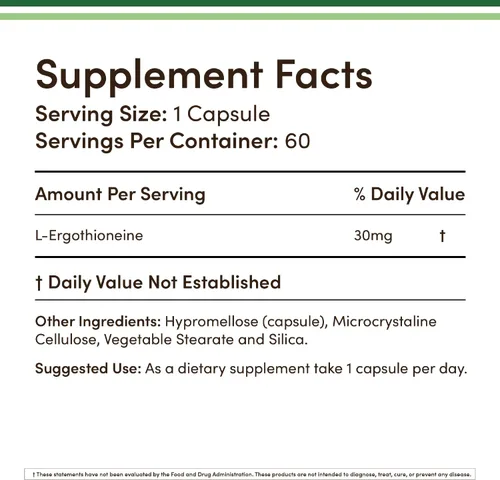 Vista 2 de Suplemento de ergotioneína (EGT) 30 mg de L-ergotioneína pura a base de plantas por cápsula, 60