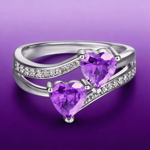 Vista 3 de Anillo de promesa de boda con topacio azul y blanco, chapado en plata de ley 925, con doble corazón