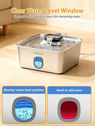 Vista 6 de SIBAYS Fuente de agua para perros grandes de 4 galones/15L, fuente para mascotas de acero inoxidable con ventana para agua y luz LED, dispensador