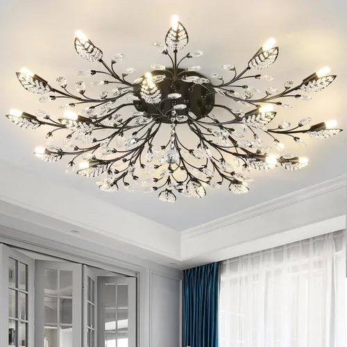 Vista 13 de Lámpara de techo de cristal, lámpara de flores, luces de techo semiempotradas de hojas doradas, accesorios de iluminación de cocina para dormitorio