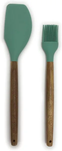 Vista 7 de Prepara Juego de 2 cucharones de sopa y cuchara ranurada de acacia y silicona, color verde espuma de mar