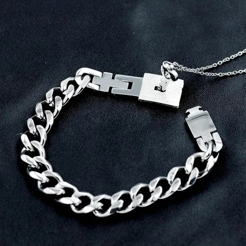 Vista 6 de Uloveido Juego de collar con colgante de llave de acero de titanio y pulsera cuadrada para parejas, regalos de valetines, Metal, circonita cúbica