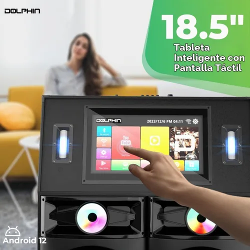 Vista 4 de Máquina de karaoke Dolphin KaraokeBox 4120: Karaoke gigante cuádruple de 12" – Pantalla táctil de 18.5" para letras, WiFi, altavoces Bluetooth, 2