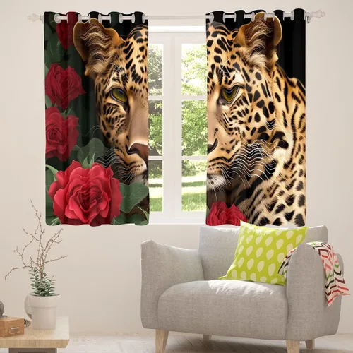 Vista 2 de Erosebridal Cortinas de Rosas Rojas 3D Tratamientos para Ventanas de Guepardo, Paneles de Cortinas con Estampado de Gato Leopardo para Sala