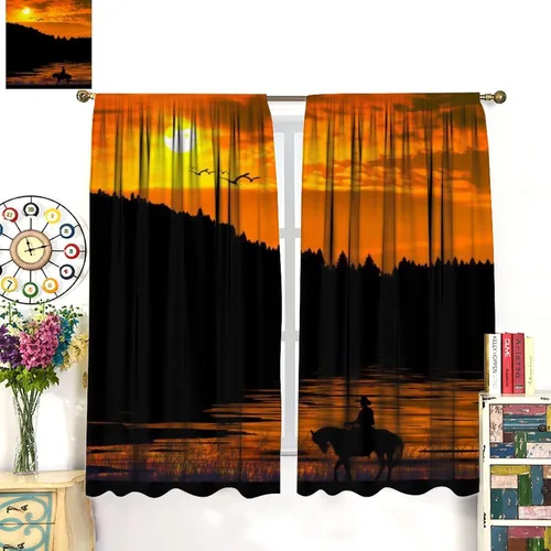 Vista 3 de Cortinas opacas de vaquero americano para sala de estar, atardecer occidental, rústico, vaquero, equitación, cortinas de ventana, aislamiento