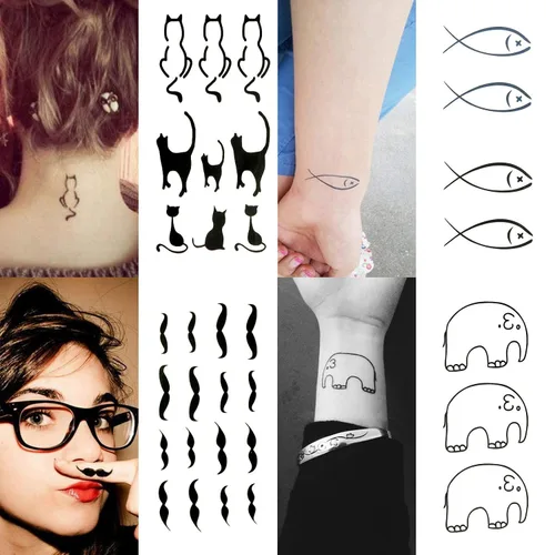 Vista 6 de Kit de tatuajes temporales pequeños y bonitos de 30 hojas, cámara negra con estampado de pies, elefante, estrella, diamante, cruz, pájaro, gato