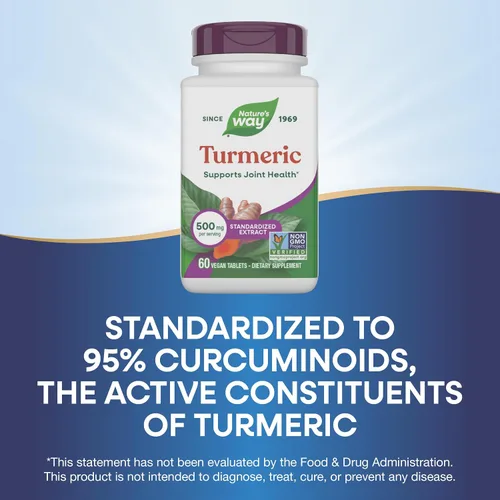 Vista 4 de Nature's Way Cúrcuma, extracto premium, apoya la salud de las articulaciones*, estandarizado al 95% de curcuminoides, 500 mg en porción, suplementos