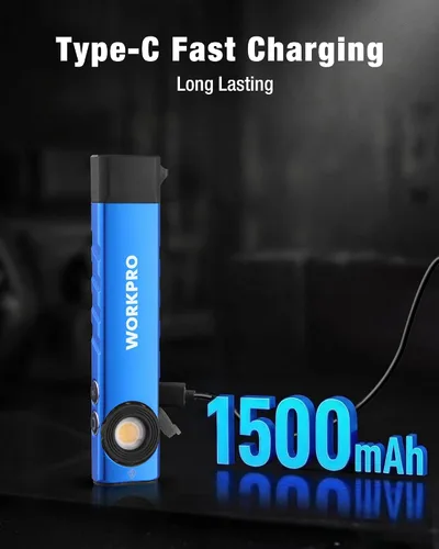 Vista 4 de WORKPRO linterna recargable de trabajo, linterna de bolsillo plana de 600 lúmenes con luz UV, base magnética y clip, linterna LED EDC delgada