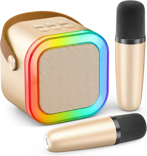 Vista 23 de Mini máquina de karaoke, micrófono de karaoke portátil Bluetooth con altavoz para cantar con 2 micrófonos y luz, monitores de audio de estudio