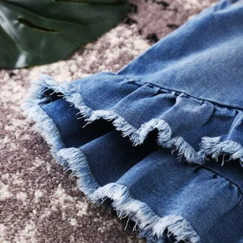 Vista 4 de Minifalda de mezclilla para niños y niñas pequeñas, vestido corto con volantes