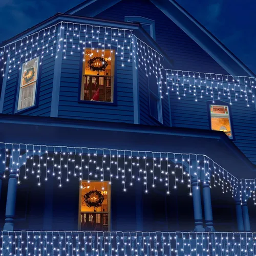 Vista 6 de Luces de carámbano de Navidad para decoración al aire libre, 8 modos, 300 luces LED conectables de 30 pies, 60 gotas para aleros, ventana, hogar