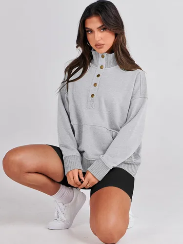 Vista 5 de ANRABESS Sudadera casual de manga larga para mujer, con botones, cuello en V, holgada, con bolsillos