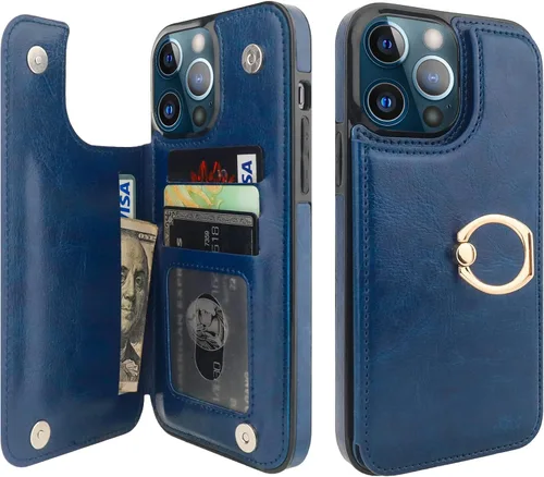 Vista 22 de ONETOP Funda tipo cartera para iPhone 13 con soporte para tarjetas, anillo de rotación de 360°, bloqueo RFID, doble cierre magnético, a prueba