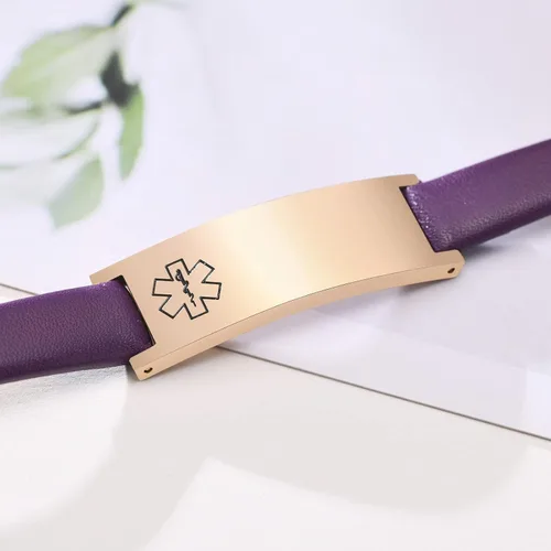 Vista 12 de MPRAINBOW Pulsera de alerta médica personalizada para mujer, correa de reloj de cuero genuino, grabado de doble cara, diabetes, epilepsia, joyería
