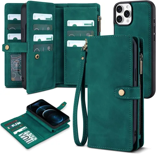 Vista 10 de TwoHead Funda tipo cartera para iPhone 12 Pro Max con tarjetero, funda magnética desmontable para teléfono 12 Pro Max, piel sintética, a prueba