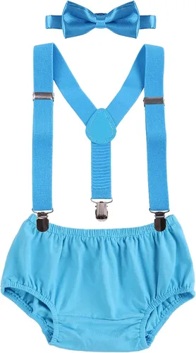 Vista 20 de Conjunto de ropa para festejar el primer cumpleaños de bebés, calzón pañalero con tirantes y corbata de moño. Beige & Blue
