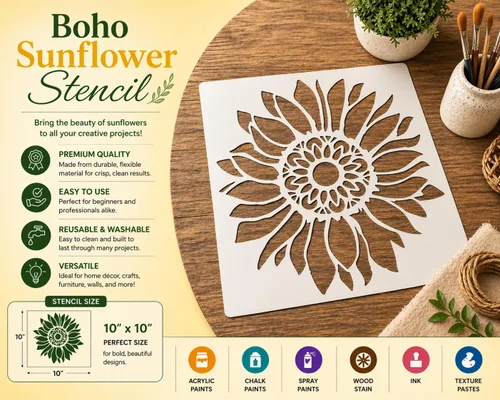 Vista 2 de Plantilla de girasol bohemia de 10 x 10 pulgadas para pintar en madera, lienzo, manualidades, tela y muebles, plantillas de flores para manualidades