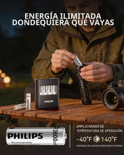 Vista 7 de PHILIPS Batería de litio AA recargable, paquete de 4, batería de iones de litio de 1.5 V 3600 mWh, 1200 baterías de larga duración funciona