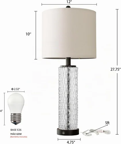Vista 5 de Oneach Juego de 2 lámparas de mesa de 27.75 pulgadas, lámpara de noche moderna negra con luz nocturna LED, USB A+C, lámparas de vidrio para sala