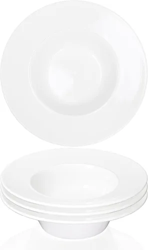Vista 9 de Tazón de sopa, plato de sopa con borde de 12 onzas, juego de 4 cuencos para pasta, plato blanco poco profundo, cuenco de sopa de cerámica de borde