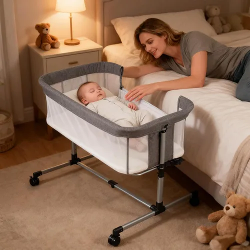 Vista 10 de Moisés para bebé, cuna mecedora 3 en 1, moisés de noche para bebé con mosquitera, lados de malla completa, 5 alturas ajustables, cuna estable