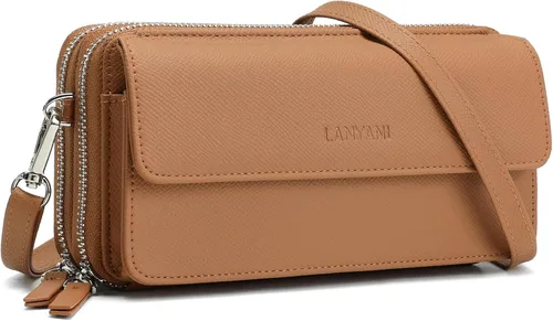 Vista 32 de Lanyani Cartera Cruzada RFID con Correa de Muñeca y Bolsillo para Teléfono para Mujeres de Cuero Vegano B-mostaza oscura