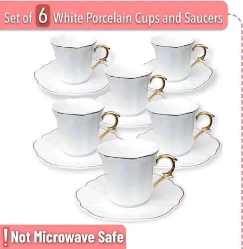 Vista 2 de Brew To A Tea Juego de 6 tazas de café turco de porcelana con platillos, color blanco con diseño de ribete dorado y caja de regalo, aptas