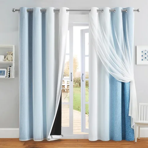 Vista 30 de Cortinas 100% opacas con superposición de gasa Mix and Match de doble capa, 54 pulgadas de largo, 2 paneles para dormitorio y sala de estar, azul