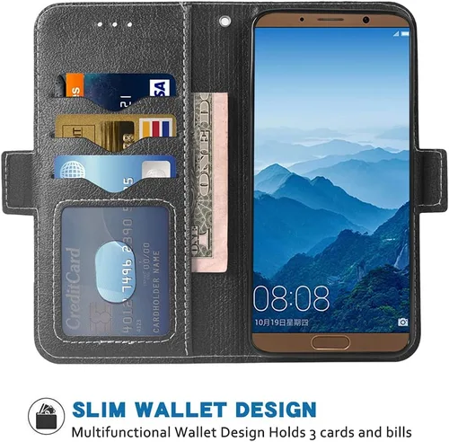 Vista 2 de Compatible con Huawei Mate 10 Pro - Funda tipo cartera de cuero con tapa para tarjetero, accesorios para celulares, monedero folio, fundas