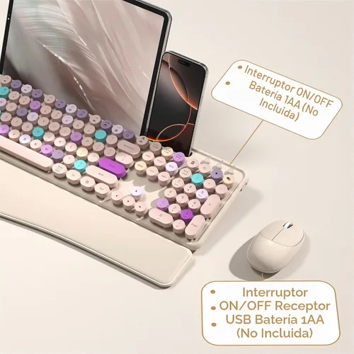 Vista 5 de Combo de teclado y mouse inalámbricos con soporte para teléfono (caqui)
