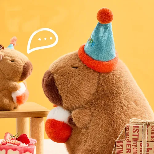 Vista 4 de Peluche de Capibara con Sombrero de Cumpleaños Azul y Lazo de 9 Pulgadas, Lindo Animal de Peluche Suave para Fiestas, Decoración de Fiesta, Juguetes