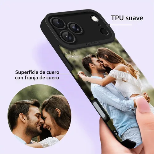 Vista 4 de Funda personalizada para iPhone 17, 16, 15, 14, 13, 12, 11 Pro/Max/Air/Puls, piel sintética + material TPU, bolsa de aire de cuatro esquinas es