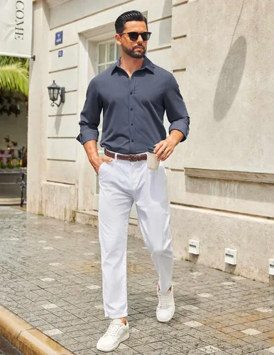 Vista 43 de COOFANDY Camisa de vestir casual de mezclilla con botones y manga larga para hombre