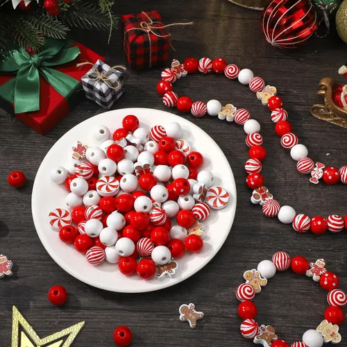 Vista 4 de Misdary 200 piezas de cuentas navideñas para manualidades, cuentas navideñas de madera, rojas y blancas, caramelo de menta, jengibre para joyería