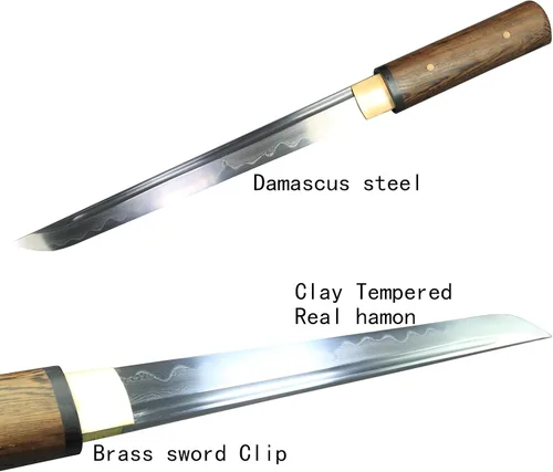 Vista 4 de Tanto Japonés Hecho a Mano de Acero Damasco Templado en Arcilla Espada Katana Corta Afilada de 20 Pulgadas