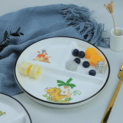 Vista 3 de 1 PIEZA Plato de Cerámica con Dinosaurio para Control de Porciones, Plato Dividido para Alimentación Racional, Plato Dividido para Postre, Plato