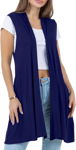 Vista 6 de Azules Cárdigan largo sin mangas para mujer con bolsillos, ligero frente abierto, capa elegante y fluida para el trabajo o uso casual
