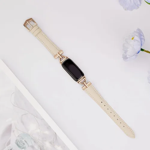 Vista 5 de Bandas de cuero compatibles con Fitbit Inspire 3, beige/oro rosa