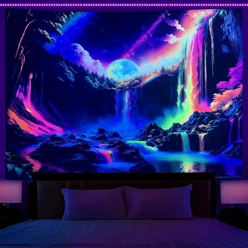 Vista 8 de OSVINO Tapiz de mandala trippy de luz negra, 59 x 51 pulgadas, tapiz de fantasía reactiva a los rayos UV, decoración de pared para sala de estar