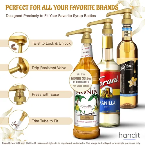 Vista 2 de HANDIT - Bombas dosimadoras de oro para jarabe de café Se adapta a botellas de plástico de 750ml/25.4oz Torani, Skinny, Davinci y Monin de 33.8oz