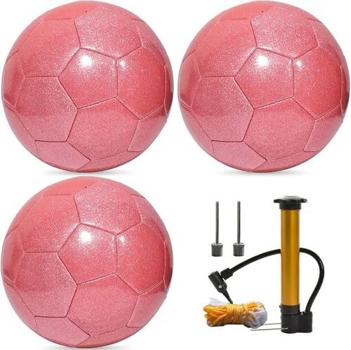 Vista 8 de Juego de pelota de fútbol con purpurina con inflador, tamaño 3, 4, 5, bolas de entrenamiento rosa dorado y morado para jóvenes, adolescentes